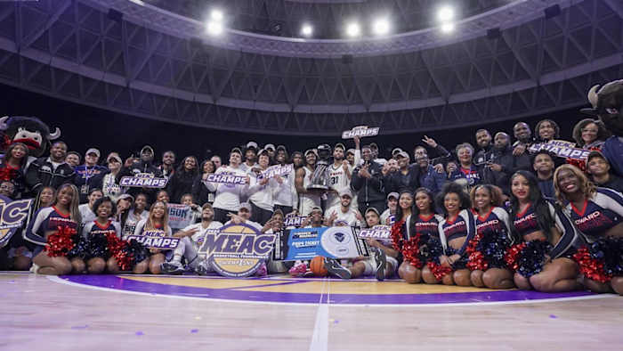 Howard Bison defeat Delaware State for the 2023-24 MEAC Men's Basketball Championship; Credit: Nick Sutton, MEAC